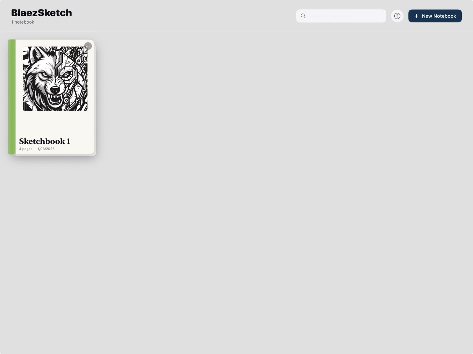 BlaezSketch home screen showing a sketchbook notebook with a wolf cover illustration