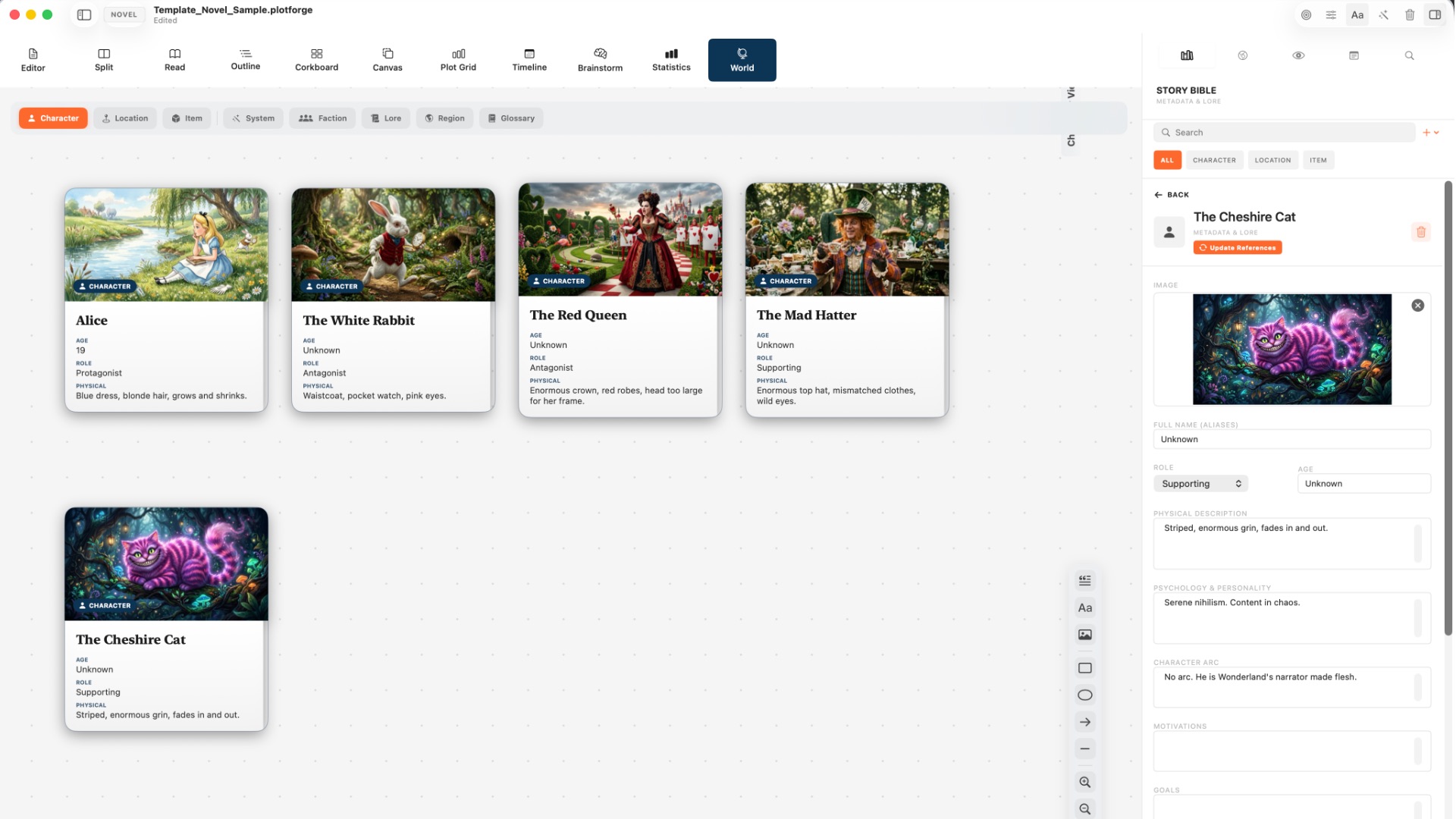 BlaezForge World view showing character cards for Alice, White Rabbit, Red Queen, Mad Hatter, and Cheshire Cat