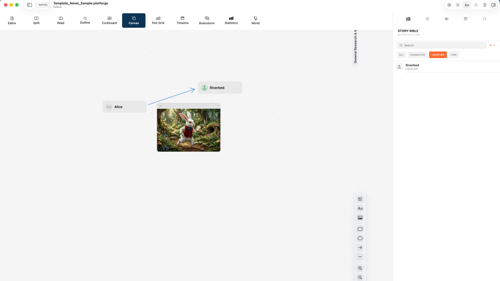 BlaezForge infinite canvas mood board with story nodes, images, and Story Bible sidebar