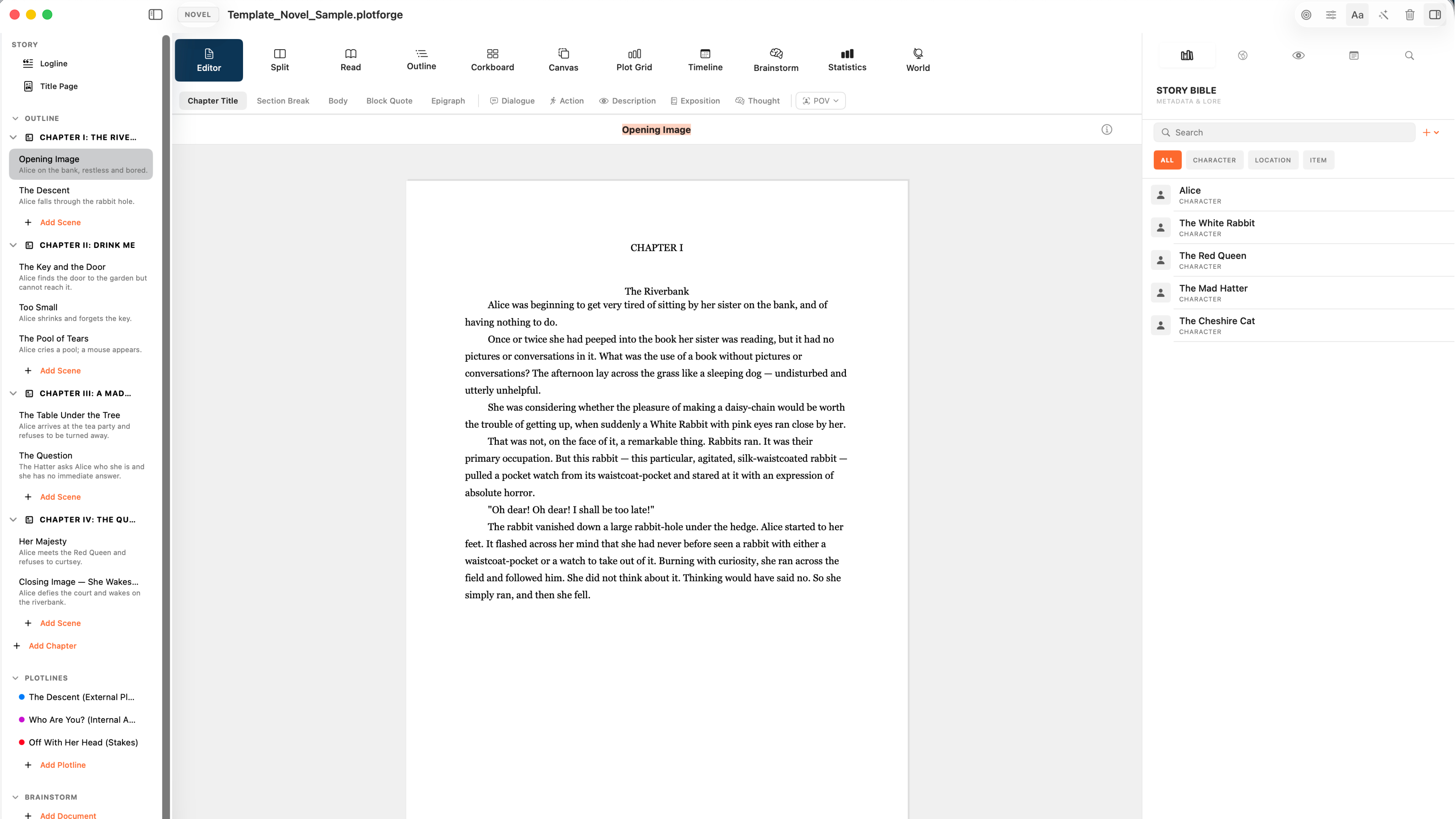 BlaezForge manuscript editor with chapter outline, annotated prose, and character appearances panel